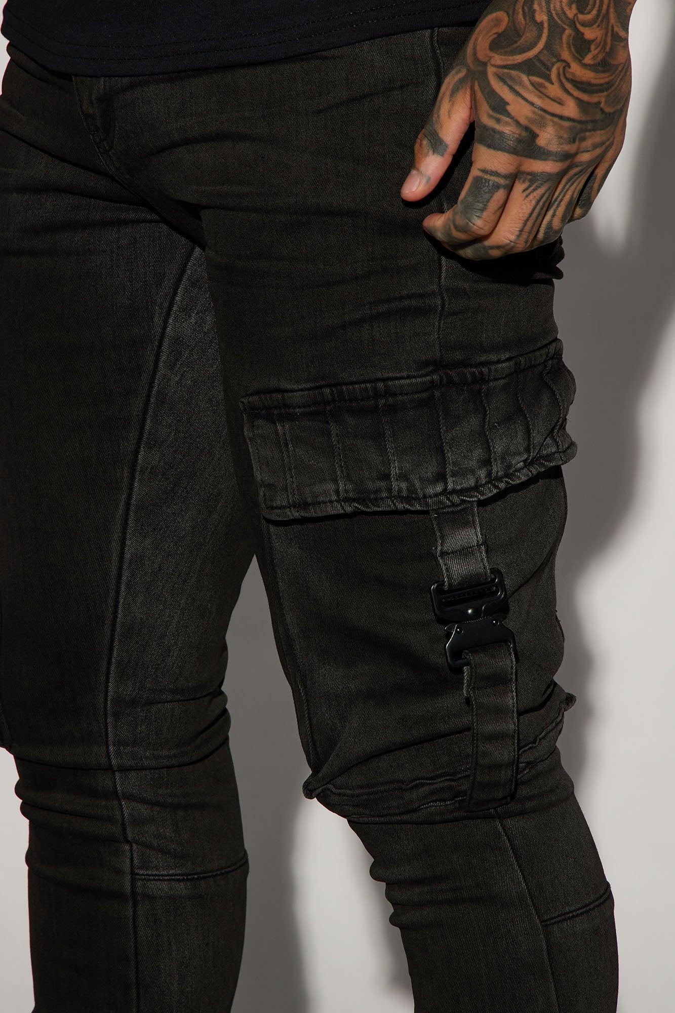 Got Me Buckled Up Stacked Skinny Flare Cargo Jeans - Black Wash Product Image