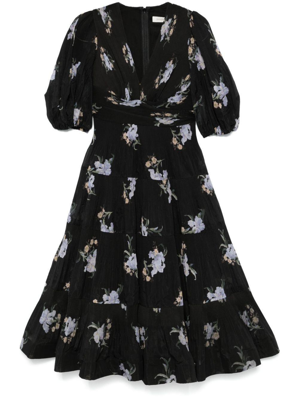 ZIMMERMANN Floral-print Pleated Organza Midi Dress In Black Iris Floral Product Image