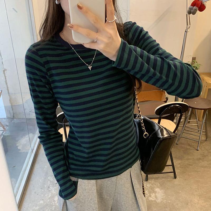 Long-Sleeve Crew Neck Striped Tee Product Image