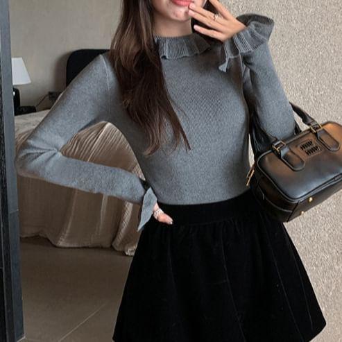 Ruffled Mock-Neck Knit Top Product Image