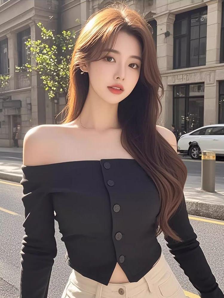 Long-Sleeve Off-Shoulder Plain Button-Up Front-Slit Crop Top Product Image