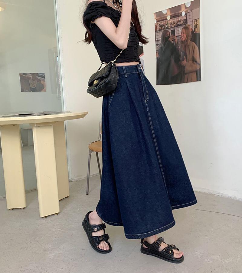 High Waist Washed Denim Midi A-Line Skirt Product Image