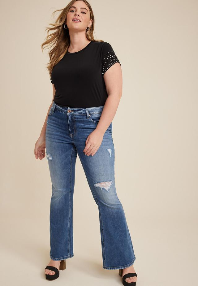 Maurices Plus Size Jeans Womens Edgely Mid Rise Ripped Flare Jeans Blue Size 16W Product Image