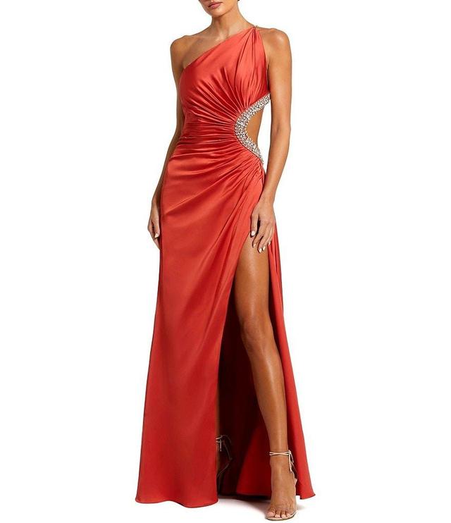 Mac Duggal One Shoulder Jewel Embellished Side Cut Out Satin Gown Product Image