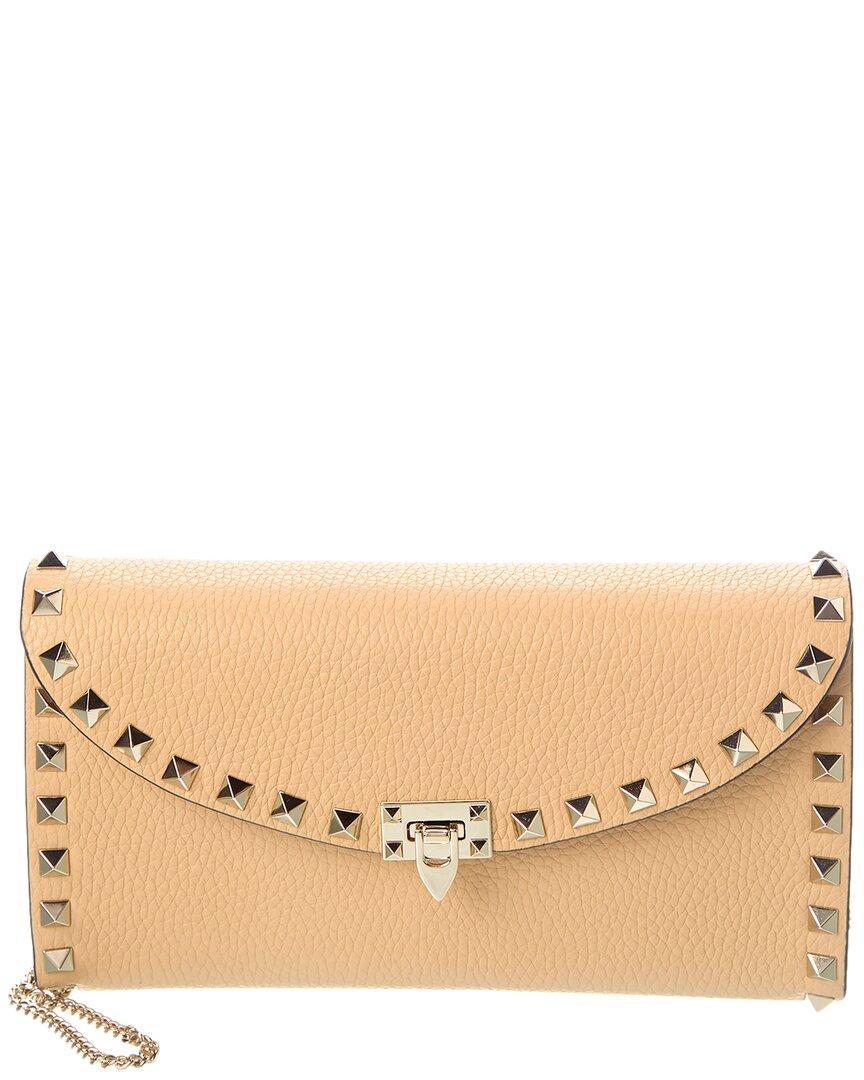 Valentino Rockstud Grainy Leather Wallet On Chain In Beige Product Image