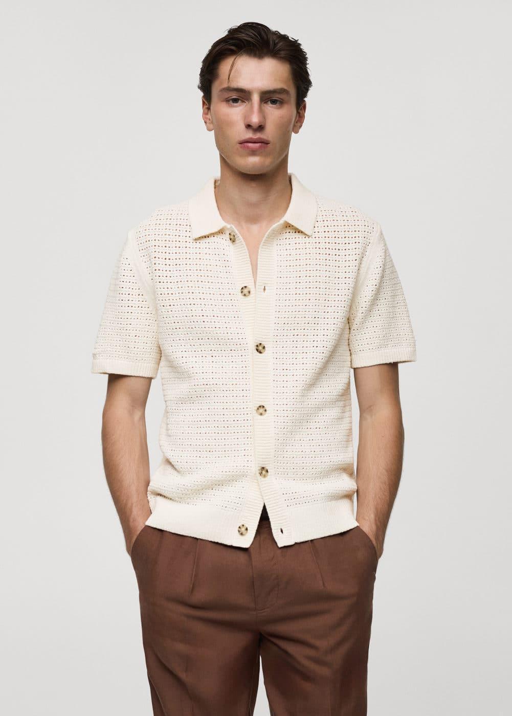 MANGO MAN - Openwork knit polo with buttons off whiteMen Product Image