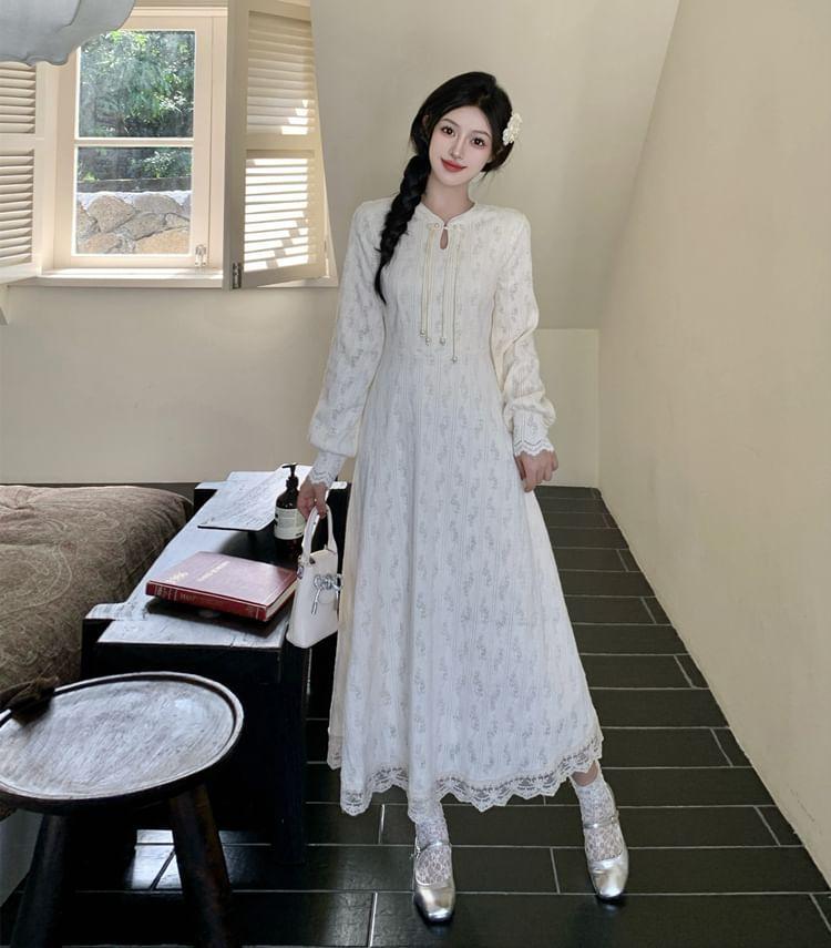 Long Sleeve V-Neck Floral Lace Trim Midi A-Line Dress Product Image