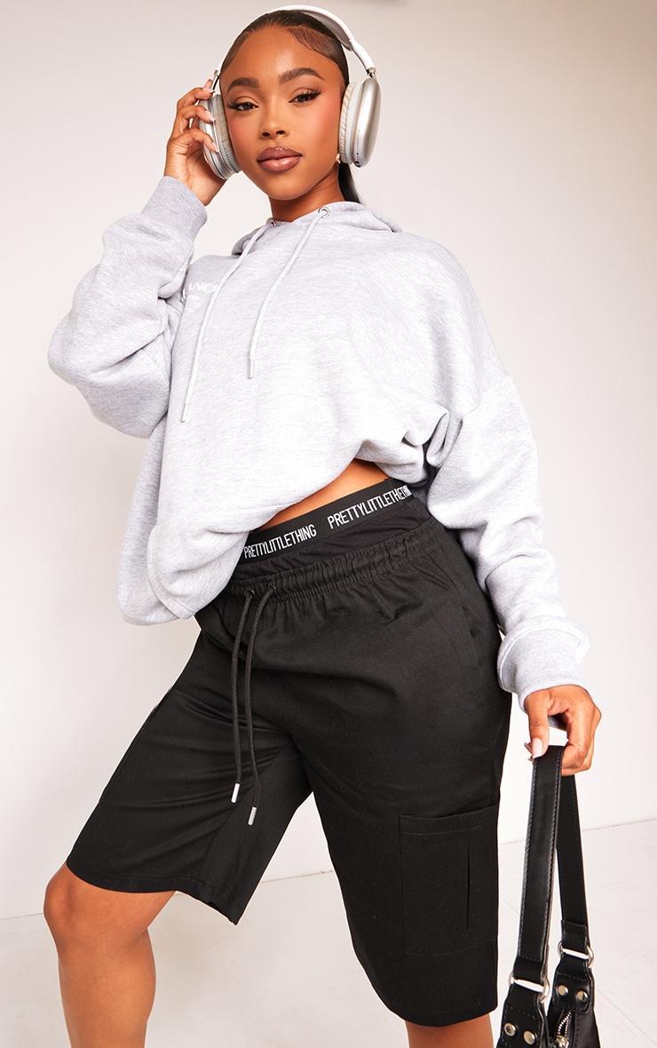 Black Twill Drawstring Waist Oversized Long Shorts Product Image