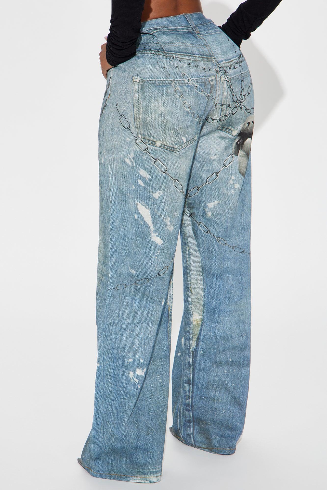 It's All An Illusion Chain Printed Denim Baggy Jeans - Medium Wash Product Image