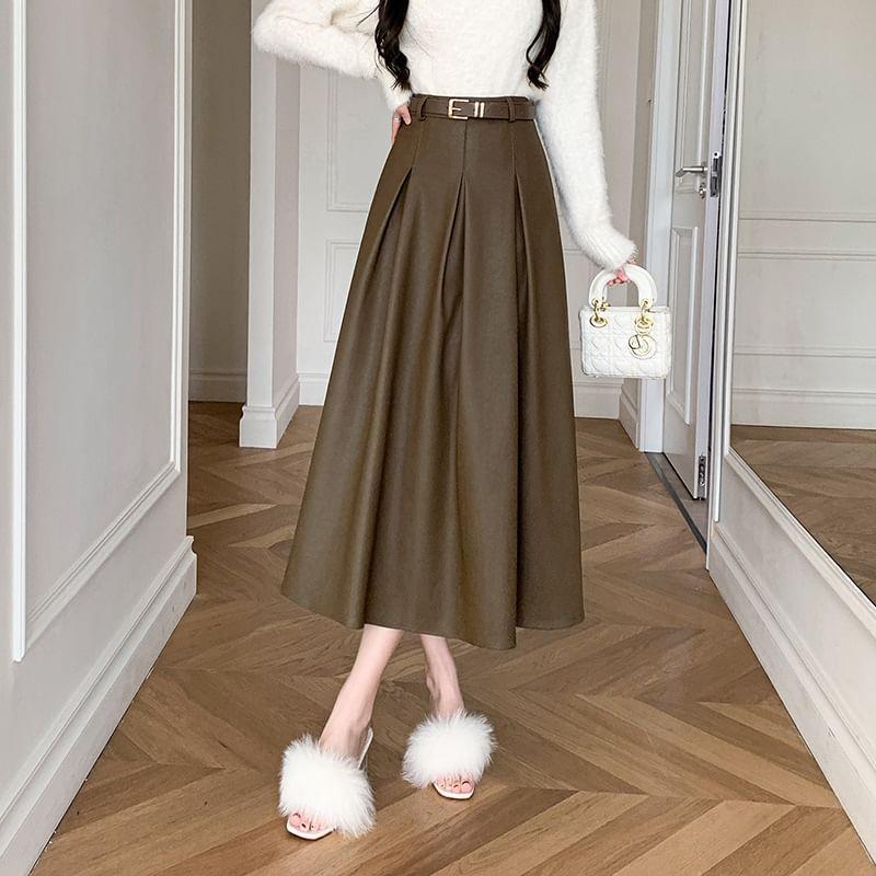 High Waist Plain Inverted Pleated Faux Leather Midi A-Line Skirt Product Image