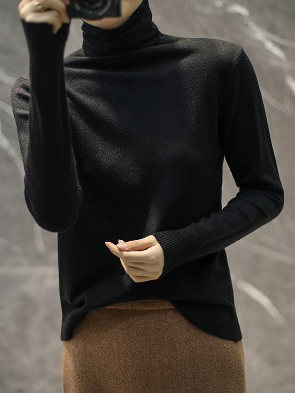 Solid Color Heaps Collar Long Sleeve Knitwear Tops Product Image