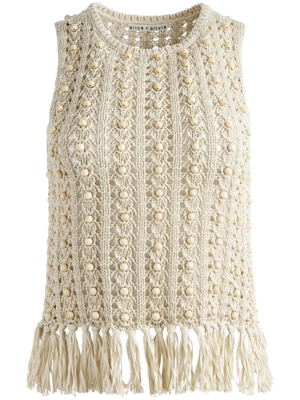 Bead-embellished Open-knit Top In White Product Image