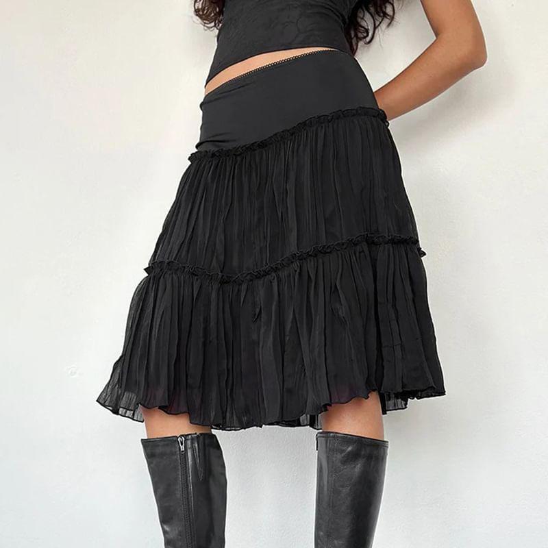 Low Rise Plain Mesh Panel Ruched Midi A-Line Skirt Product Image