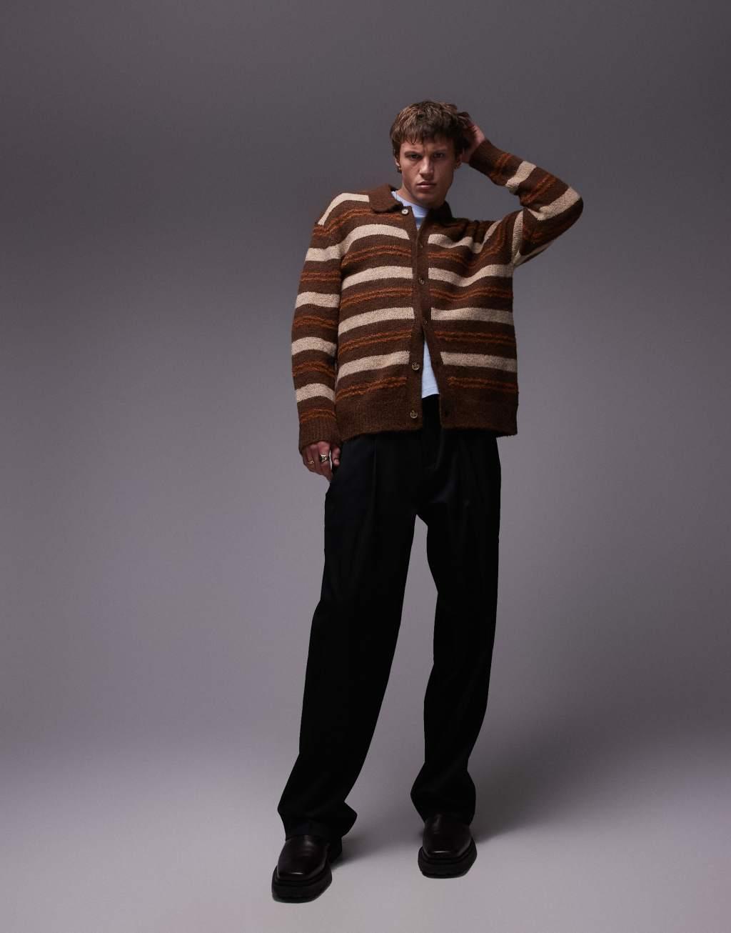 Topman relaxed polo cardigan in brushed brown stripe Product Image