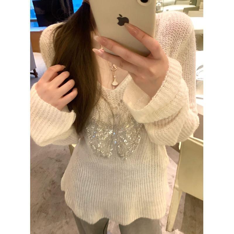 Long Sleeve V-Neck Butterfly Patterned Beaded Knit Top Product Image