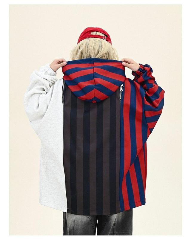 Zip Cold Shoulder Lettering Print Striped Panel Hoodie Product Image