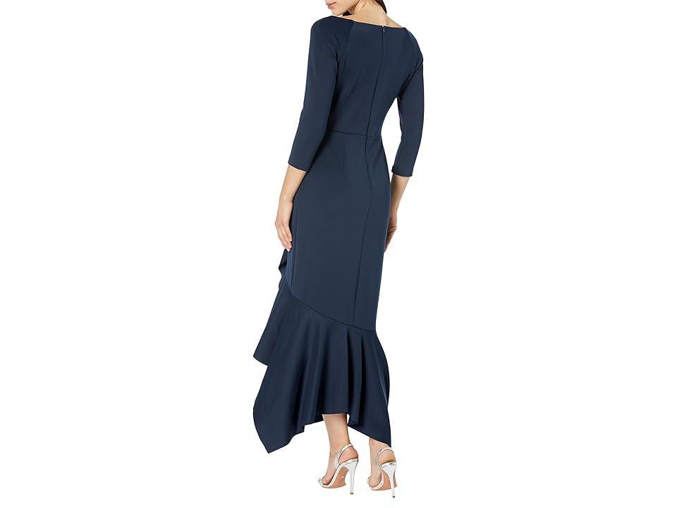 XSCAPE Long Sleeve V Front Ruffle Scuba (Midnight) Women's Dress Product Image