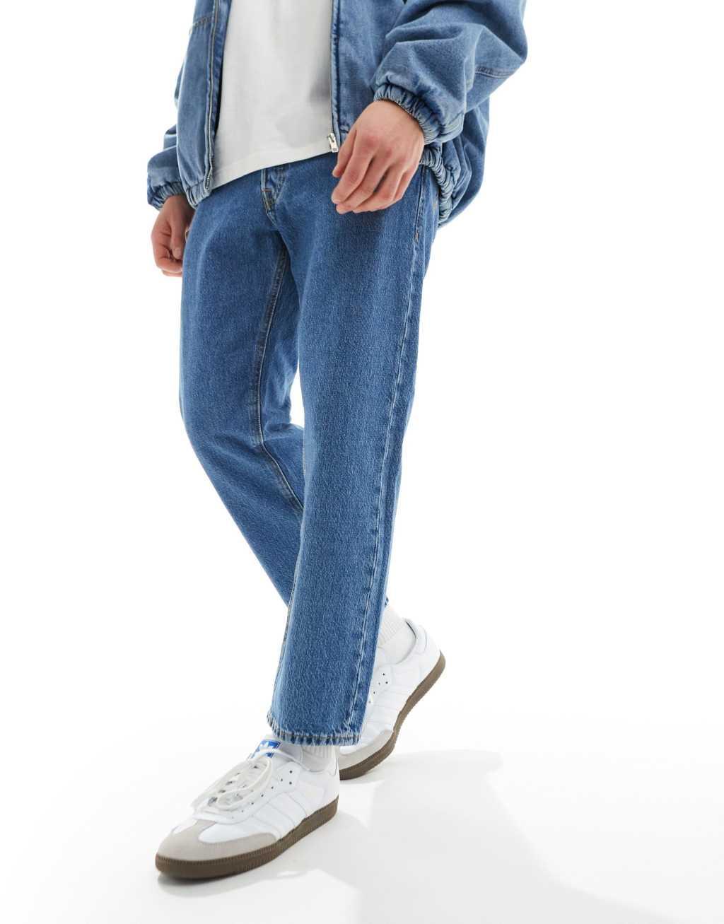 Jack & Jones Mark wide cropped rigid jeans in mid blue wash  Product Image