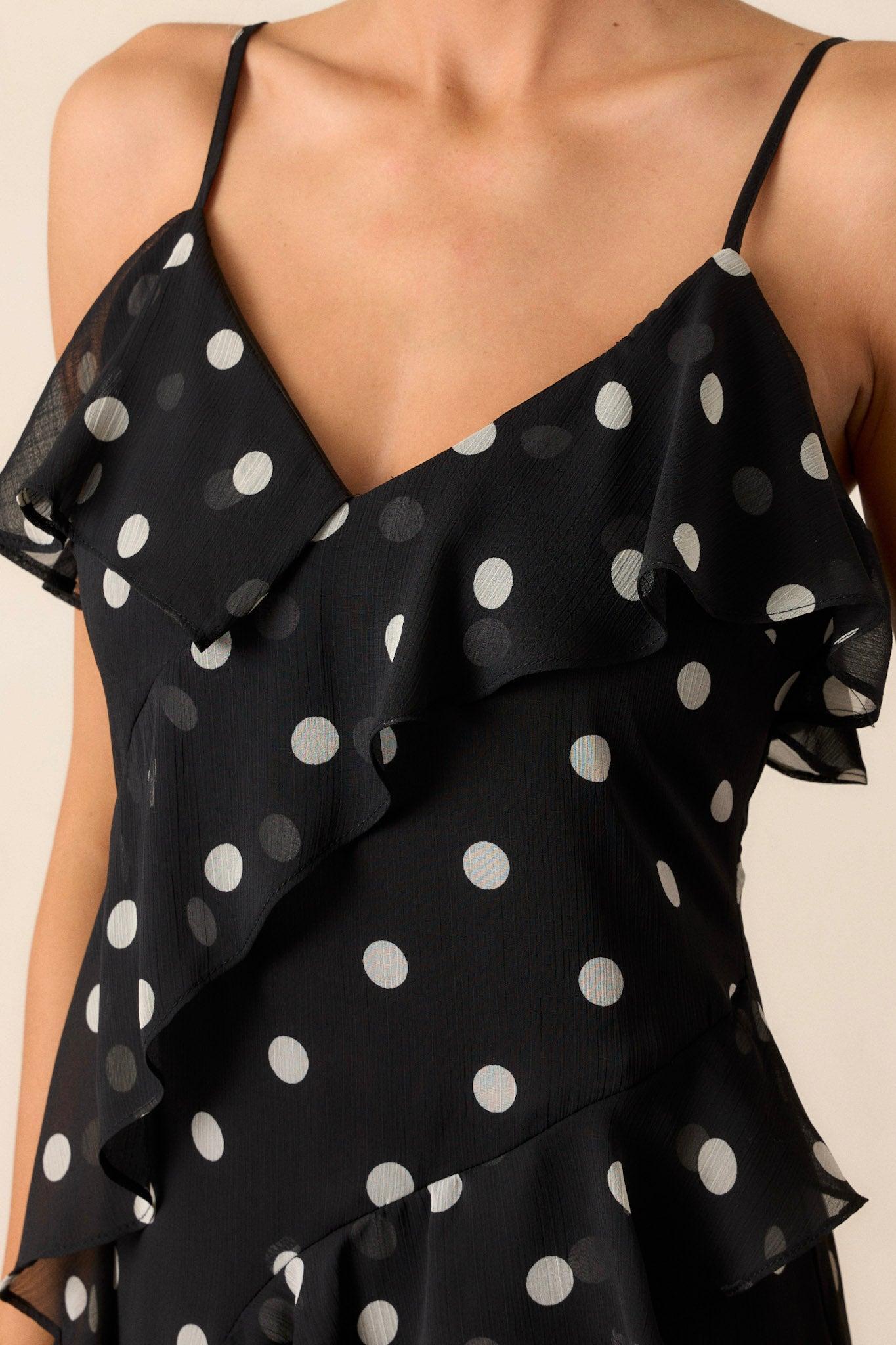 Mystic Moon Black Polka Dot Ruffle Maxi Dress Product Image