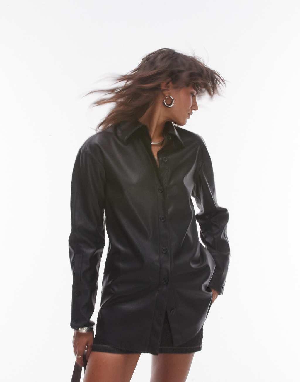 Topshop oversized faux leather shirt in black Product Image