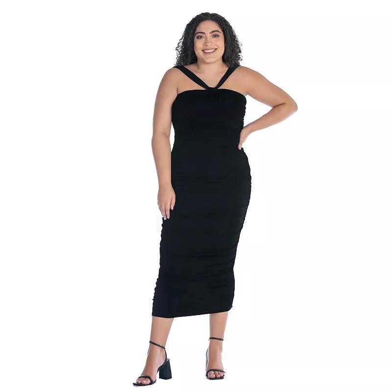 Plus Size 24Seven Comfort Apparel Halter Cross Neck Ruched Bodycon Midi Dress, Womens Product Image