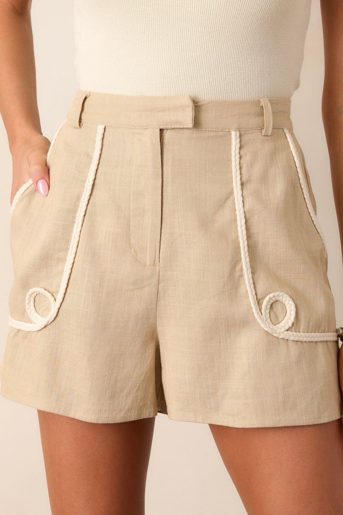 A Step Ahead Taupe Linen Braided Trim Shorts product image