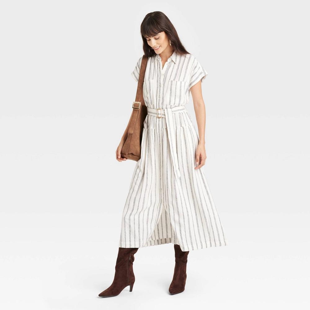 Women's Short Sleeve Belted Midi Shirtdress - Universal Thread™ White Striped L Product Image