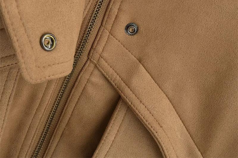 Collared Plain Zip-Up Faux Suede Jacket Product Image