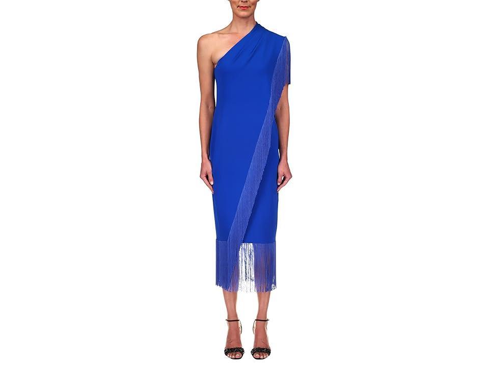 Badgley Mischka Stretch Crepe Fringe Dress (Mediterranean Blue) Women's Clothing Product Image