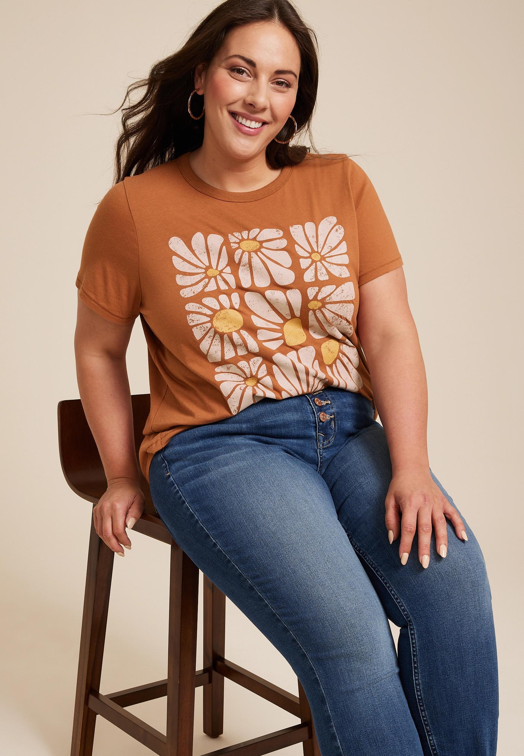 Maurices 2X Plus Size Womens Stacked Retro Flower Classic Fit Graphic Tee Orange Product Image