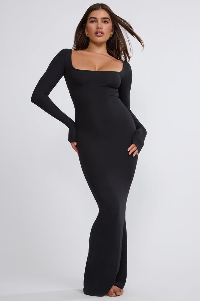 Ribbed Modal Long Sleeve Maxi Dress in Black Product Image