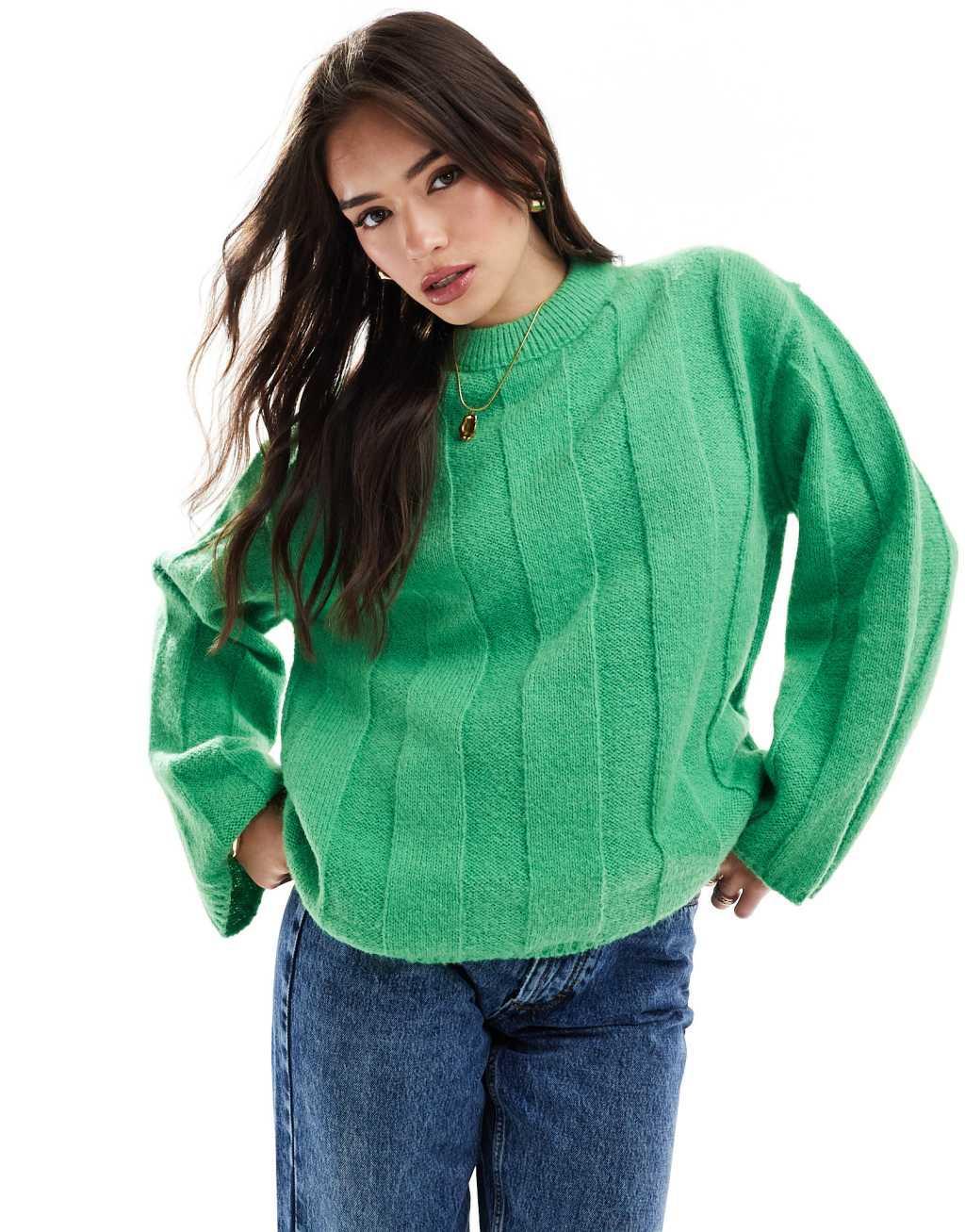 ASOS DESIGN crew neck sweater in wide rib in bright green Product Image