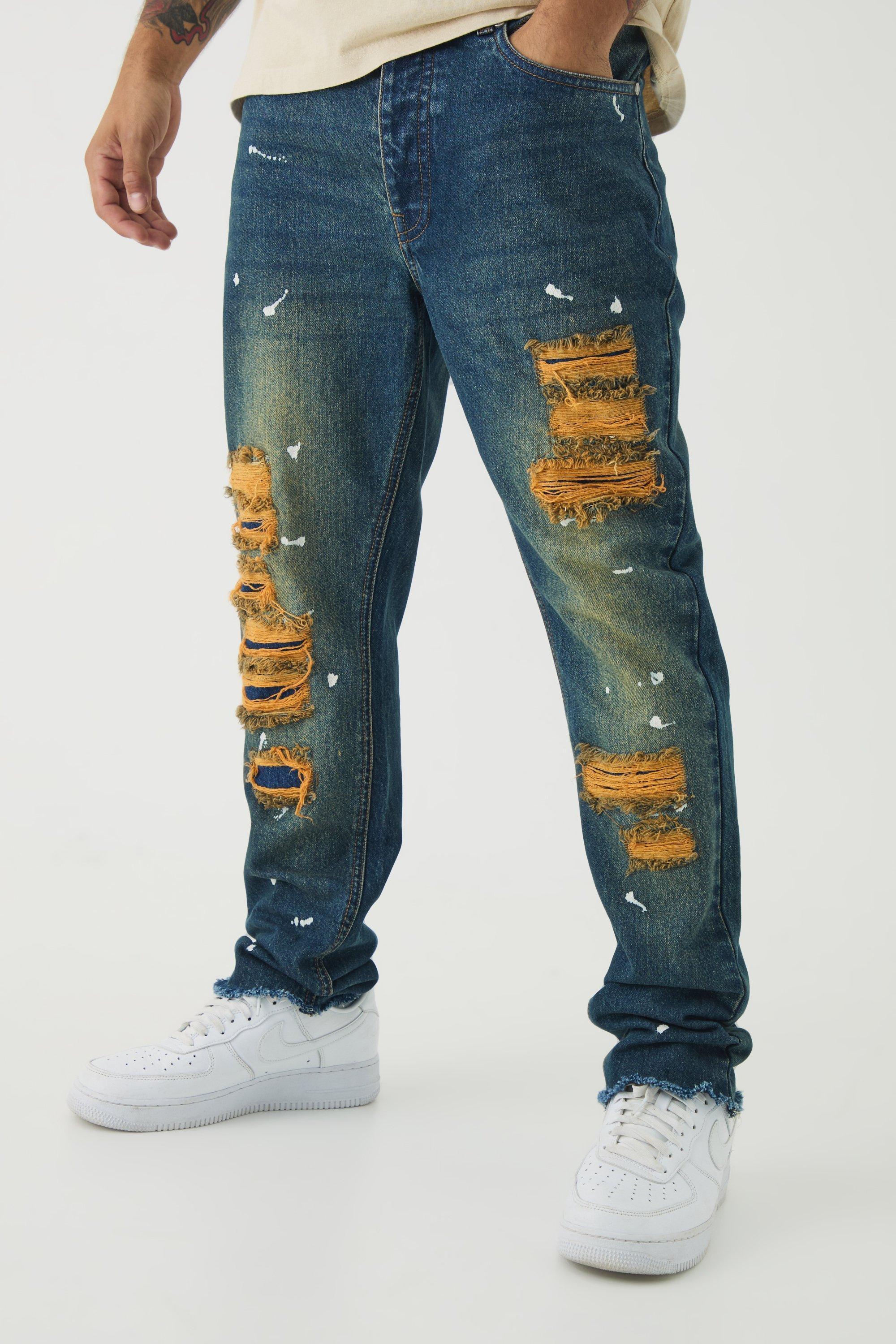 Mens Blue Slim Rigid Paint Splat Ripped Jeans, Blue Product Image