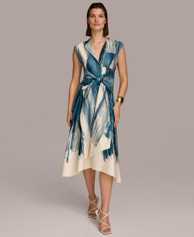 Donna Karan Womens Printed Cotton Cap-Sleeve Tie-Waist Dress Product Image