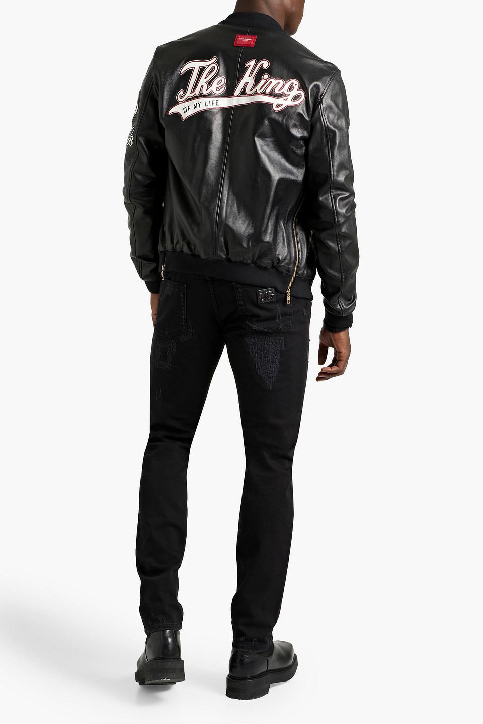 Appliquéd Leather Bomber Jacket In Black Product Image