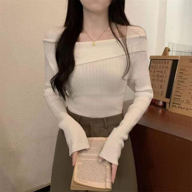 Long Sleeve Square Neck Plain Ribbed Knit Top Product Image