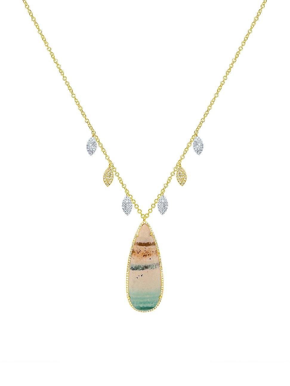 Womens Two-Tone 14K Gold, Opalized Wood & 0.18 TCW Diamond Pendant Necklace Product Image