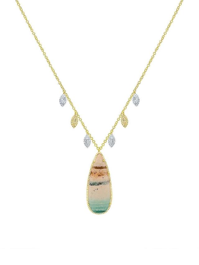 Womens Two-Tone 14K Gold, Opalized Wood & 0.18 TCW Diamond Pendant Necklace Product Image