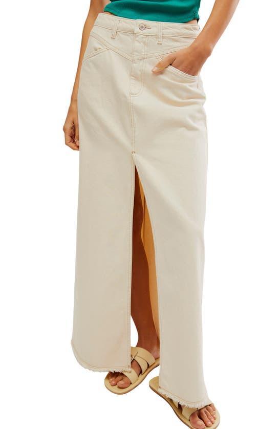 Come As You Are Frayed Hem Denim Maxi Skirt In Brown Product Image