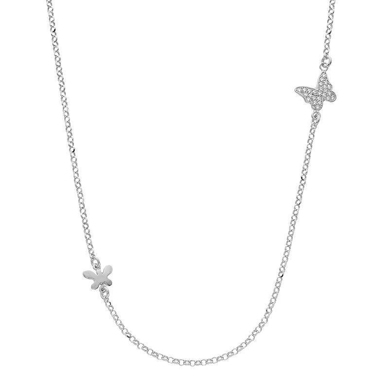 Sterling Silver Cubic Zirconia Double Butterfly Necklace, Womens Product Image