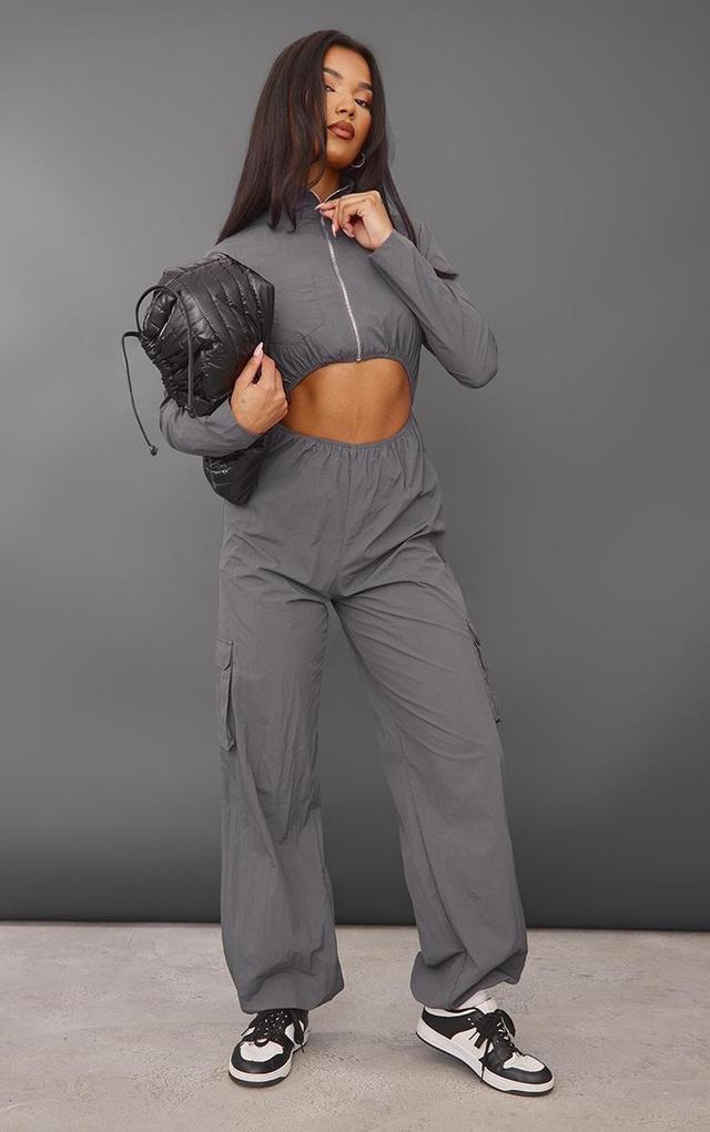 Charcoal Zip Detail Cut Out Utility Parachute Jumpsuit Product Image