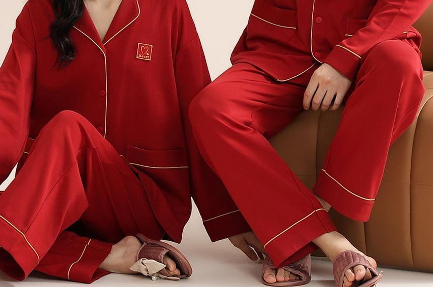 Couple Matching Pajama Set: Long Sleeve Collared Contrast Trim Shirt + Elastic Waist Straight Leg Pants (Various Designs) Product Image