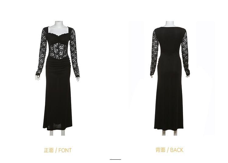 Long-Sleeve Square Neck Plain Lace Panel Maxi Mermaid Dress Product Image