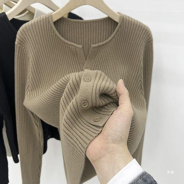 Notch Neck Plain Ribbed Cardigan Product Image