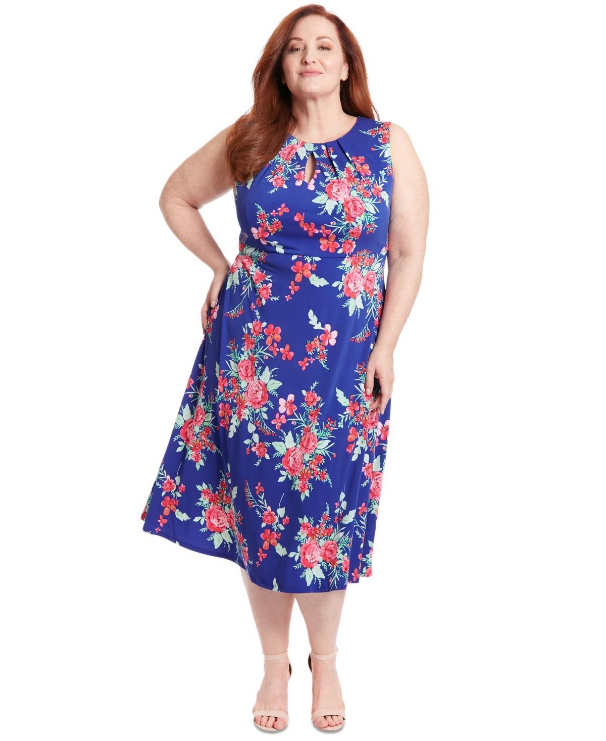 London Times Plus Size Floral-Print Keyhole Sleeveless A-Line Dress Product Image