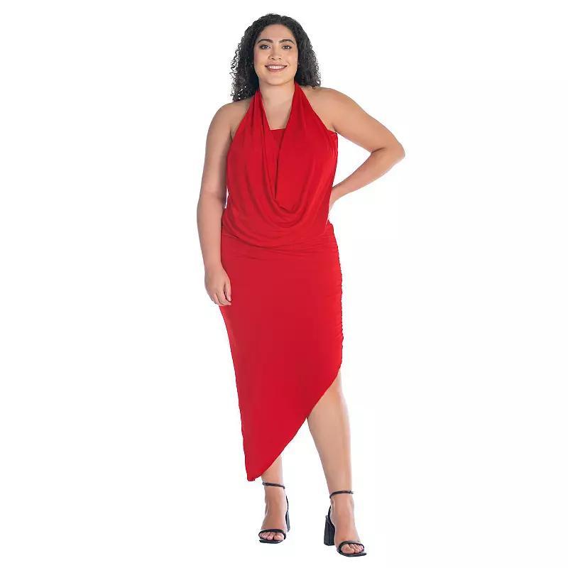 Plus Size 24Seven Comfort Cowlneck Long Asymmetrical Backless Halter Dress, Womens Red Product Image