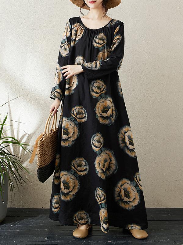 A-Line Long Sleeves Flower Print Round-Neck Maxi Dresses Product Image