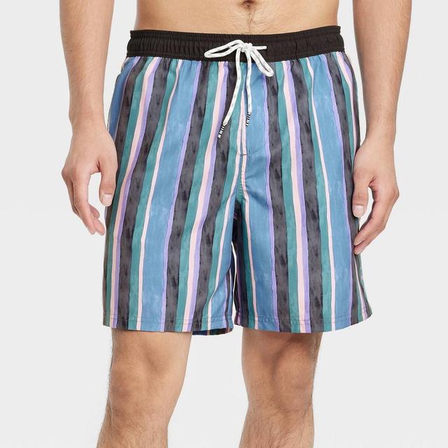 Mens 7 Vertical Striped Swim Trunks - Original Use Blue/Black/Green Product Image