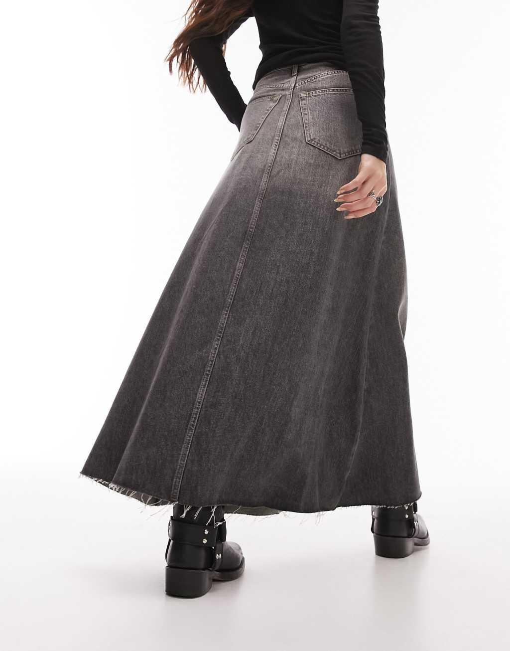 Topshop denim fluted maxi skirt in dirty gray  Product Image