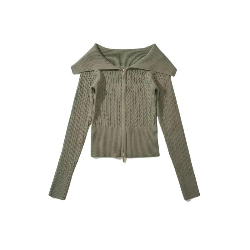 Off-Shoulder Plain Cable Knit Zip-Up Crop Cardigan Product Image